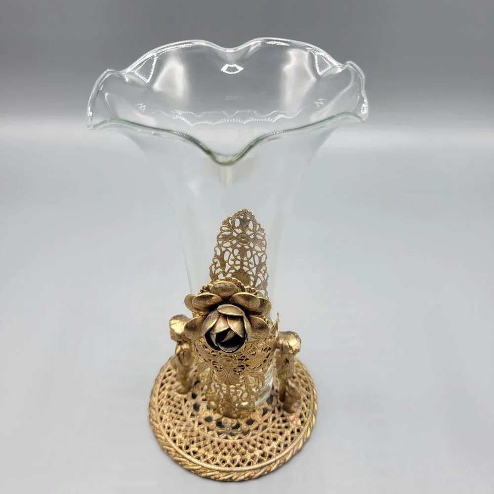 Antique Vintage Gold Brass Filigree Fluted Bud Vases Cherub Figural Design - Picture 10 of 16